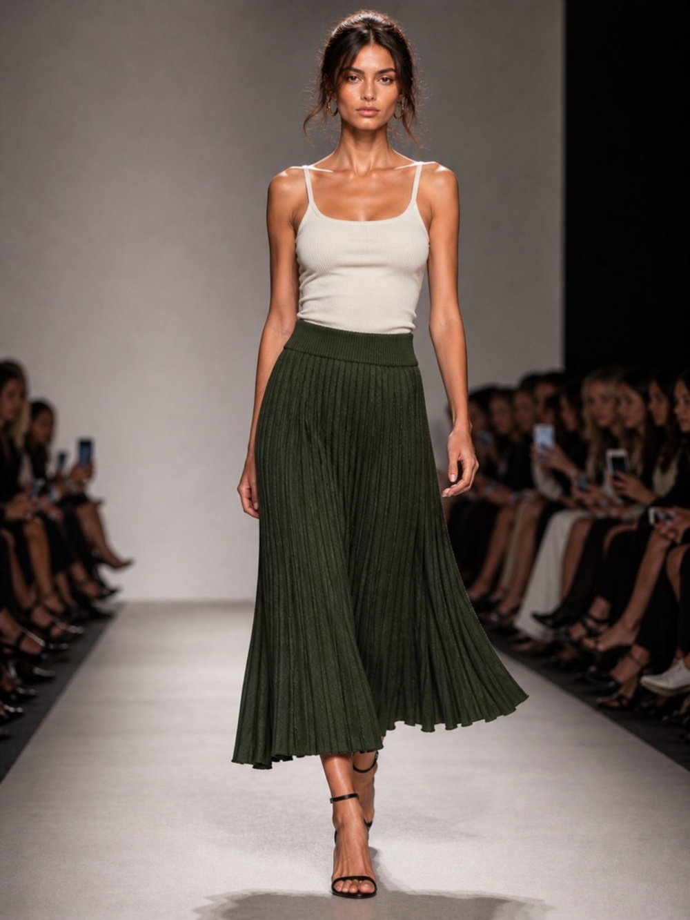 Wear & Flair NY Olive Green Pleated Midi Skirt Size S Stretch Knit